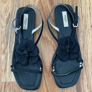 Prada Flower Appliqué Black Strappy Sandals Size 36